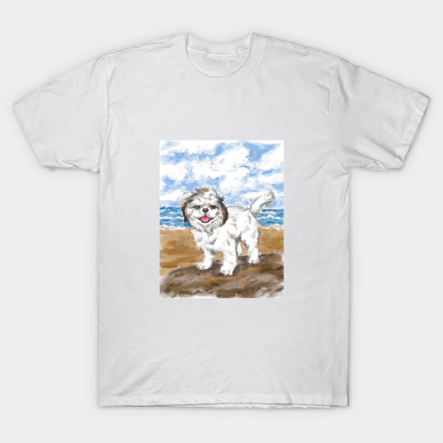 Shih Tzu dog portrait with beach nature landscape background T-Shirt by Nalidsa